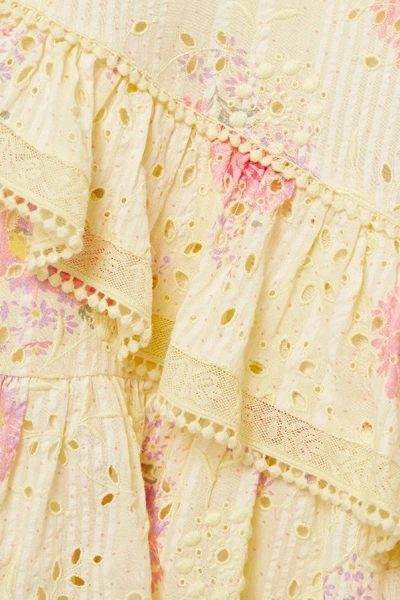 Shop Loveshackfancy Bea Lace-trimmed Tiered Broderie Anglaise Cotton-voile Mini Dress In Pastel Yellow