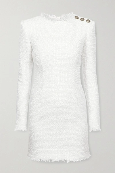 Shop Balmain Button-embellished Tweed Mini Dress In White