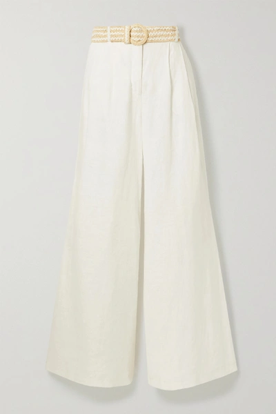 Shop Zimmermann Amelie Belted Linen Wide-leg Pants In Ivory