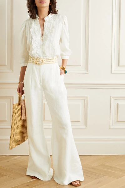 Shop Zimmermann Amelie Belted Linen Wide-leg Pants In Ivory