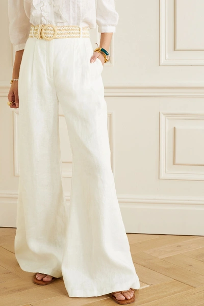 Shop Zimmermann Amelie Belted Linen Wide-leg Pants In Ivory