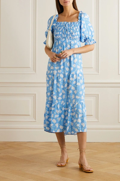 Shop Faithfull The Brand + Net Sustain Olinda Shirred Floral-print Crepe Midi Dress In Blue