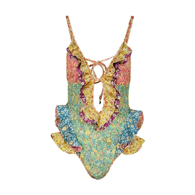 Shop Zimmermann Carnaby Ruffled Floral-print Swimsuit In Multicoloured