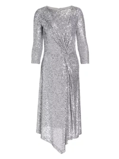 Shop St. John Starlight Sequin Mesh Side Knot Midi Dress In Silver Light Grey