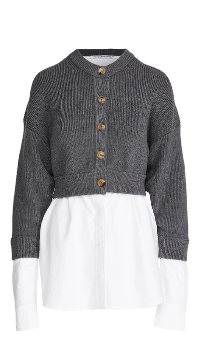 Shop Alexander Wang T Bilayer Crew Neck Oxford Cardigan In Dark Heather Grey/white