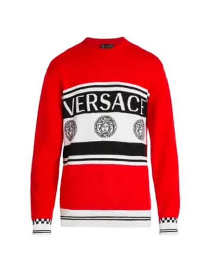 Shop Versace Men's Logo Intarsia Wool Sweater In Red White