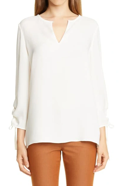 Shop Lafayette 148 Jacoby Ruched Sleeve Silk Blouse In Cloud