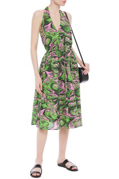 Shop Mcq By Alexander Mcqueen Pleated Printed Cotton-poplin Halterneck Midi Dress In Green