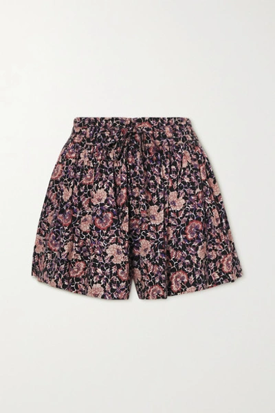 Shop Ulla Johnson Kira Gathered Floral-print Cotton-blend Shorts In Plum