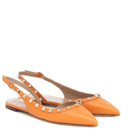 Shop Valentino Rockstud Leather Slingback Ballet Flats In Orange