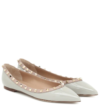 Shop Valentino Rockstud Patent Leather Ballet Flats In Grey