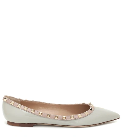 Shop Valentino Rockstud Patent Leather Ballet Flats In Grey