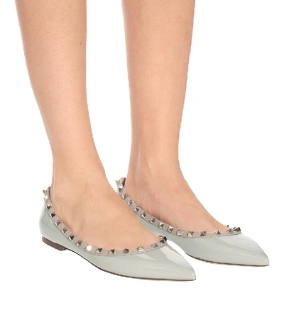 Shop Valentino Rockstud Patent Leather Ballet Flats In Grey