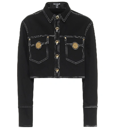 Shop Balmain Cropped Denim Jacket In Black