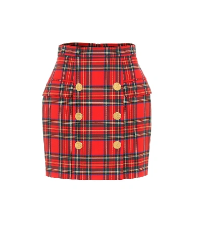 Shop Balmain Checked High-rise Wool Miniskirt In Red