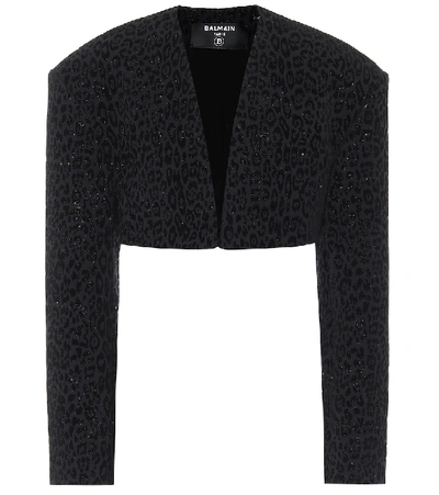 Shop Balmain Cropped Leopard-print Jacket In Black