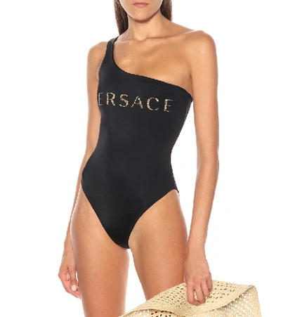 Shop Versace One-shoulder Swimsuit In Black