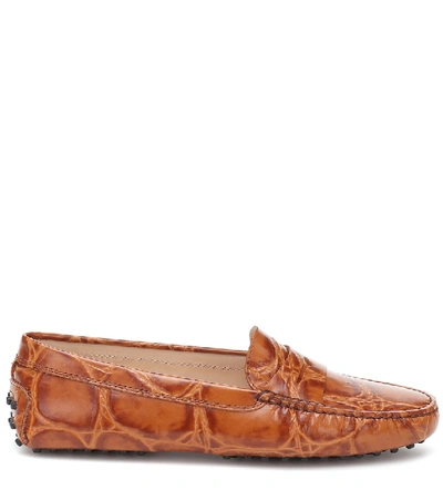 Shop Tod's Gommino Croc-effect Leather Loafers In Brown