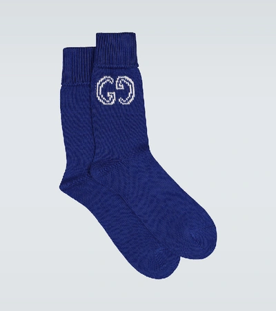 Shop Gucci Gg Cotton Knitted Socks In Blue
