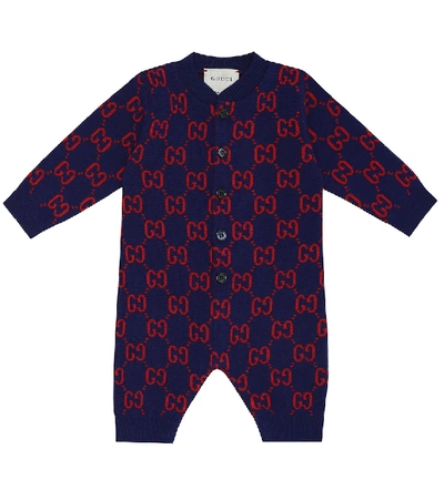 Shop Gucci Baby Gg Wool-jacquard Onesie In Blue