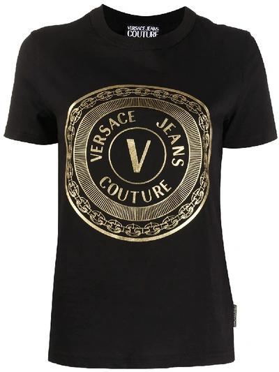 Shop Versace Jeans Couture Gold Foil V-emblem Print T-shirt In Black