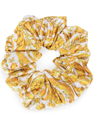 Shop Versace Barocco Print Hair Scrunchie In Yellow