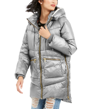 pale grey faux fur trim hooded puffer jacket