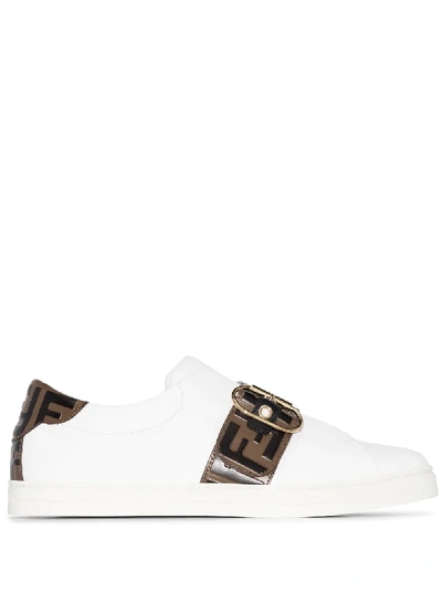 Shop Fendi Buckled Logo-embossed Sneakers In White