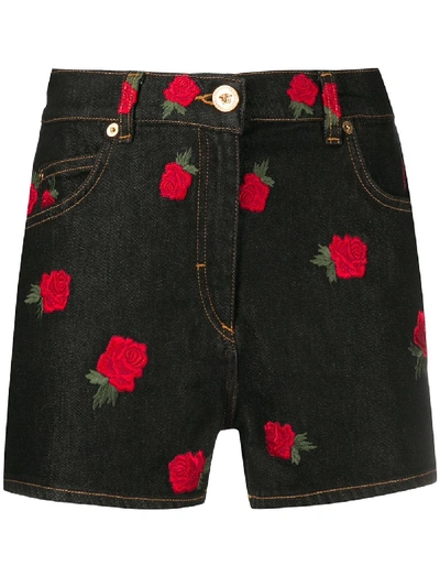 Shop Versace Rose-embroidered Shorts In Black