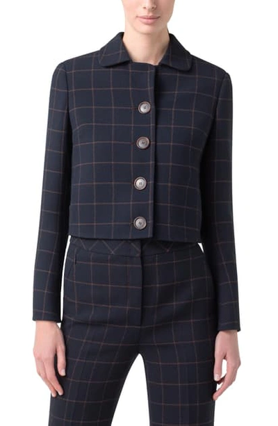 Shop Akris Lautrec Windowpane Double Face Wool Blend Crepe Crop Jacket In Navy