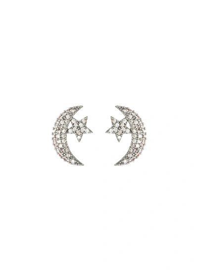 Shop Cz By Kenneth Jay Lane Moon And Star Cubic Zirconia Pave Stud Earrings In Metallic