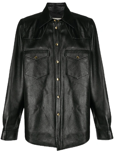 Shop Gucci Stamped Logo Lambskin Overshirt In Black
