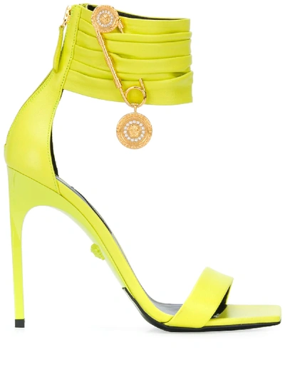 Shop Versace Safety Pin Detail Square Toe Sandals In Yellow