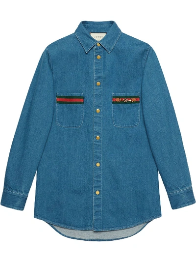 Shop Gucci Web-detail Long-sleeve Denim Shirt In Blue