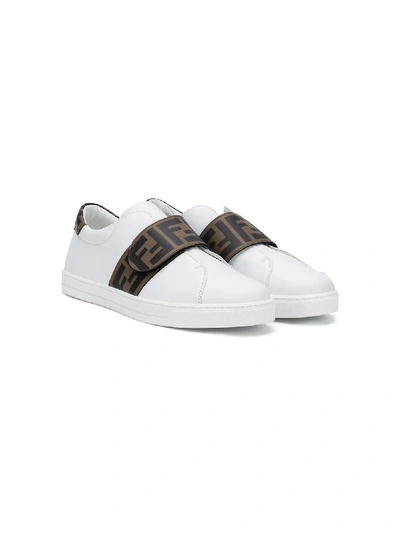 Shop Fendi Teen Logo Strap Sneakers In White