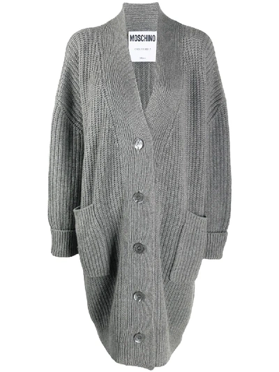 Shop Moschino Ribbed Mid-length Cardigan In Grey