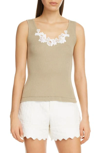 Shop Chloé Lace Trim Rib Knit Tank In Bleached Khaki