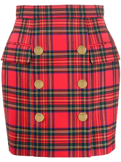 Shop Balmain Button-detail Tartan Skirt In Red