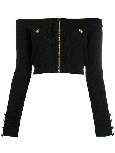 Shop Balmain Zip-up Cropped Knit Top In Black