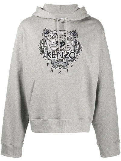 Shop Kenzo Tiger Embroidered Hoodie In Grey