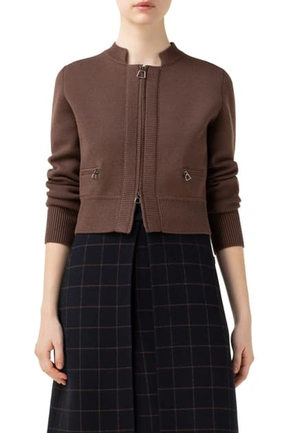 Shop Akris Crop Zip Wool & Silk Cardigan In Chestnut