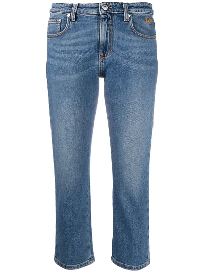 Shop Msgm Crystal-embellished Cropped Jeans In Blue