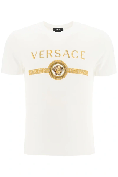 Shop Versace T-shirt With Medusa Embroidery And Crystals In White