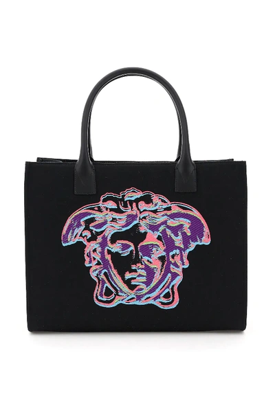 Shop Versace Canvas Tote Bag With Medusa Embroidery In Black,fuchsia,purple