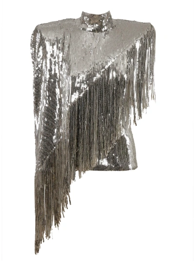 Shop Balmain Sequined Fringed Top In Silver
