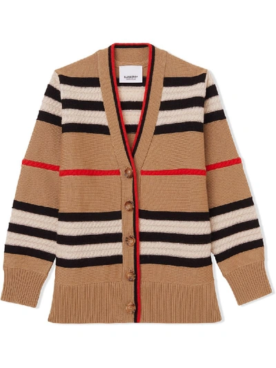 Shop Burberry Striped V-neck Cardigan In Neutrals