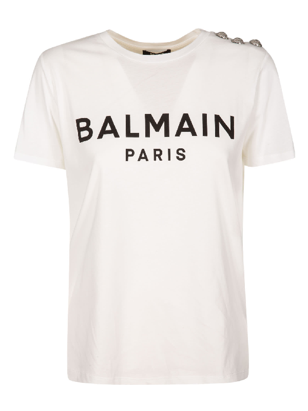Balmain Logo Print Embellished Shoulder T-shirt In White/silver/black ...