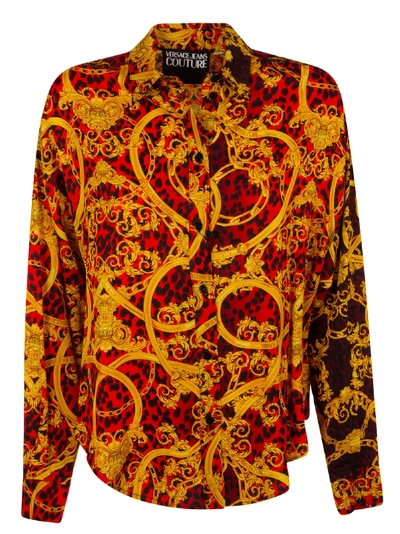 Shop Versace Jeans Couture Leopard Detail Print All-over Shirt In Orange/gold