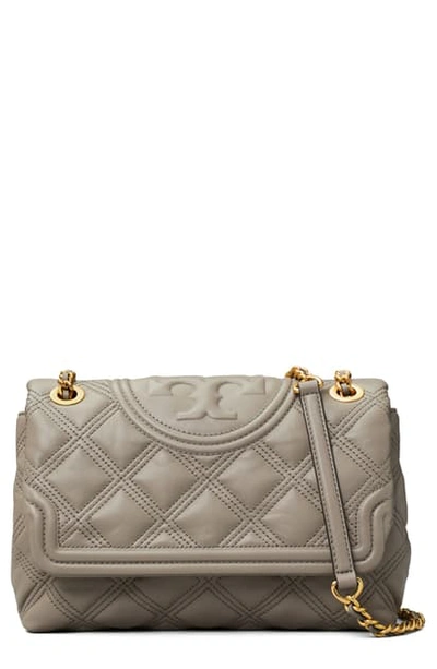 Shop Tory Burch Fleming Soft Quilted Lambskin Leather Shoulder Bag In Gray Heron