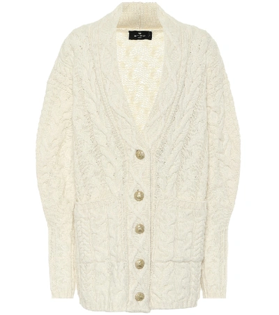 Shop Etro Cable-knit Wool-blend Cardigan In White